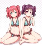  2girls bangs barefoot bikini blush breasts brown_scrunchie collarbone commentary_request dual_persona finger_to_cheek frilled_bikini frills green_eyes halftone halftone_background hand_holding hand_up kazuno_leah kurosawa_ruby looking_at_viewer love_live! love_live!_sunshine!! matching_outfit midriff multiple_girls navel polka_dot polka_dot_scrunchie purple_hair redhead scrunchie sitting small_breasts smile swimsuit twintails two_side_up violet_eyes wrist_scrunchie yopparai_oni 