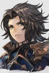  1boy armor bangs black_hair breastplate closed_mouth copyright_request grey_background grey_eyes hankuri looking_at_viewer male_focus parted_bangs pauldrons plate_armor portrait serious simple_background solo 