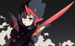  1girl bangs black_hair blue_eyes blush clenched_teeth commentary english_commentary highlights holding holding_sword holding_weapon jiayue_wu kill_la_kill looking_at_viewer matoi_ryuuko multicolored_hair scissor_blade short_hair solo sword teeth two-tone_hair weapon 