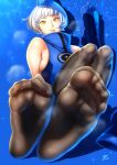  1girl black_legwear blue_background boots elizabeth_(persona) feet gloves hat highres k.ty_(amejin) pantyhose persona persona_3 shoes_removed short_hair soles sweat toes white_hair yellow_eyes 