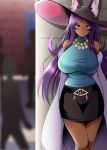  1girl alternate_costume animal_ears bare_shoulders blue_eyes blush breasts dark_skin ears_through_headwear fate/grand_order fate_(series) fur_trim huge_breasts kisaragi_nana large_breasts long_hair looking_at_viewer purple_hair queen_of_sheba_(fate/grand_order) smile solo standing 