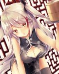  1girl alternate_costume antenna_hair azur_lane bangs black_dress black_legwear blush breasts brown_eyes china_dress chinese_clothes cleavage cleavage_cutout day dress eyebrows_visible_through_hair hair_between_eyes holding holding_tray indoors large_breasts leaning_forward long_hair looking_at_viewer multicolored_hair open_mouth pelvic_curtain prinz_eugen_(azur_lane) redhead ribbon rupe_paperu silver_hair smile solo streaked_hair thigh-highs thighs tray two_side_up very_long_hair 