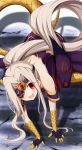  1girl :d absurdres bare_shoulders commentary_request cosplay eyepatch eyes_visible_through_hair fangs fate/grand_order fate/kaleid_liner_prisma_illya fate/stay_night fate_(series) gloves gorgon_(fate) gorgon_(fate)_(cosplay) grey_hair highres illyasviel_von_einzbern long_hair looking_at_viewer morokoshi_(tekku) open_mouth ponytail prehensile_hair prisma_illya red_eyes rider scales smile solo tail upper_teeth very_long_hair 