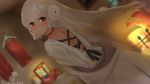  1girl altera_(fate) altera_the_santa alternate_costume bangs blush dress earmuffs eyebrows_visible_through_hair fate/extella fate/extra fate/grand_order fate_(series) feet_out_of_frame fireplace furnace head_tilt headdress highres jewelry lamp long_sleeves looking_at_viewer open_mouth parted_lips red_eyes room sebire short_hair solo tagme tan white_dress white_hair 