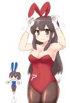  2girls akagi_(kantai_collection) alternate_costume animal_ears armpits black_hair blush breasts brown_eyes brown_hair bunny_girl bunny_tail bunnysuit chibi claw_pose cleavage commentary eyebrows_visible_through_hair fake_animal_ears fake_tail gloves highres jumping kaga_(kantai_collection) kantai_collection long_hair looking_at_viewer medium_breasts multiple_girls navel rabbit_ears side_ponytail simoyuki simple_background smile tail white_background white_gloves 