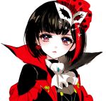 1girl amamiya_ren amamiya_ren_(cosplay) bang_dream! black_cape black_hair cape chino_machiko closed_mouth cravat earrings hair_ornament heart heart_earrings high_collar jewelry looking_at_viewer mask mask_on_head mitake_ran persona persona_5 red_eyes short_hair simple_background solo upper_body white_background white_neckwear