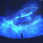  blue clouds cloudy_sky commentary english_commentary facing_away flying_whale from_behind grass highres making_of mclelun monochrome night night_sky original outdoors photoshop_(medium) scenery short_hair signature sky standing star_(sky) starry_sky 