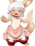  1other animal_ears blush dagashi_(daga2626) eyebrows_visible_through_hair fangs full_body fur furry highres looking_at_viewer made_in_abyss nanachi_(made_in_abyss) open_mouth short_hair simple_background smile solo standing tail whiskers white_background white_hair yellow_eyes 