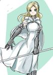  1girl blonde_hair blue_eyes dress gloves jewelry long_hair looking_at_viewer octopath_traveler ophilia_(octopath_traveler) short_hair simple_background smile solo staff yukara-msma 