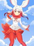  1girl :o bangs bird_tail bird_wings blue_sky blunt_bangs blush breasts clouds day dot_nose eyebrows_visible_through_hair feather_collar frilled_sleeves frills gloves gradient_hair hair_intakes head_wings highres japanese_crested_ibis_(kemono_friends) kemono_friends long_hair long_sleeves miniskirt mugi_(user_khzh5853) multicolored_hair open_mouth orange_gloves orange_ribbon orange_skirt outdoors pantyhose pleated_skirt red_legwear redhead ribbon shirt skirt sky small_breasts solo tail white_hair white_shirt wide_sleeves wings yellow_eyes 