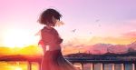  1girl arms_behind_back black_hair closed_eyes commentary_request hair_blowing harbor highres lens_flare mifuru neckerchief original outdoors power_lines railing school_uniform serafuku short_hair short_sleeves skirt solo sunset water 