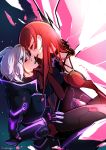  1boy 1girl add_(elsword) black_sclera blush crimson_avenger_(elsword) diabolic_esper_(elsword) dimensional_hole elesis_(elsword) elsword food highres kuroshio_maki long_hair open_mouth pocky red_eyes redhead short_hair white_hair 