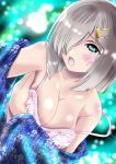  1girl aka_kitsune blue_eyes blush bra breasts crying crying_with_eyes_open eyebrows_visible_through_hair grey_hair hair_ornament hairclip hamakaze_(kantai_collection) japanese_clothes kantai_collection kimono large_breasts looking_at_viewer open_clothes open_mouth pink_bra short_hair solo tearing_up tears underwear yukata 