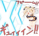  &gt;_&lt; 1girl abigail_williams_(fate/grand_order) aono_(f_i_s) arms_up bangs bare_arms bare_legs bare_shoulders barefoot bikini black_bikini black_bow blonde_hair bow breasts chibi cleavage closed_eyes commentary_request double_bun emerald_float eyebrows_visible_through_hair fate/grand_order fate_(series) flying_sweatdrops forehead_beam hair_bow highres leaning_forward long_hair navel open_mouth orange_bow parted_bangs polka_dot polka_dot_bow round_teeth side_bun sidelocks small_breasts solo standing swimsuit teeth translated upper_teeth white_background 
