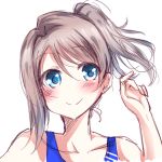  alternate_hairstyle arm_up blue_eyes blush eyebrows_visible_through_hair grey_hair hand_in_hair highres love_live! love_live!_sunshine!! portrait short_hair side_ponytail smile swimsuit watanabe_you white_background zero-theme 
