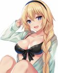  1girl :d bikini_top black_bikini_top black_hairband blonde_hair blue_eyes blush braid breasts cleavage collarbone eyebrows_visible_through_hair fate/grand_order fate_(series) hairband harimoji jeanne_d&#039;arc_(fate)_(all) jeanne_d&#039;arc_(swimsuit_archer) long_hair medium_breasts open_mouth simple_background single_braid sitting smile solo swimsuit white_background 