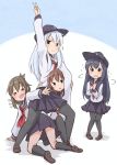  4girls akatsuki_(kantai_collection) black_eyes black_legwear black_skirt blush brown_hair closed_mouth doyagao eyebrows_visible_through_hair full_body gundam_narrative hair_between_eyes hibiki_(kantai_collection) ikazuchi_(kantai_collection) inazuma_(kantai_collection) kantai_collection looking_at_viewer miniskirt multiple_girls neckerchief open_mouth pantyhose purple_hair red_neckwear sailor_collar school_uniform serafuku shoes silver_hair skirt smile smug thigh-highs tobi_(nekomata_homara) v 