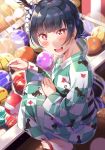  +_+ 1girl :d animal_print bangs black_feathers blue_hair blush cat_print checkered checkered_kimono commentary_request eyebrows_visible_through_hair fang feathers hair_feathers hair_up holding japanese_clothes kimono looking_at_viewer love_live! love_live!_sunshine!! open_mouth sandals smile solo squatting tipii tsushima_yoshiko violet_eyes water_balloon yukata 