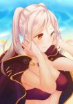  1girl aftergardens bikini_top female_my_unit_(fire_emblem:_kakusei) fire_emblem fire_emblem:_kakusei hands_in_hair jewelry my_unit_(fire_emblem:_kakusei) necklace parted_lips solo twintails wet wet_hair white_hair yellow_eyes 