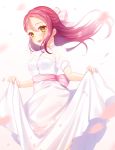  1girl :d absurdres blush cherry_blossoms dress hair_between_eyes hair_ribbon half_updo highres long_hair looking_at_viewer love_live! love_live!_sunshine!! moyui_(myi_005) open_mouth petals pink_ribbon redhead ribbon sakurauchi_riko short_sleeves skirt_basket skirt_hold smile solo upper_teeth white_background white_dress yellow_eyes 