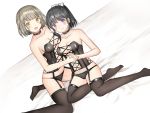  2girls :d bangs bare_arms bare_shoulders black_hair black_panties blush bow breasts brown_eyes brown_hair brown_legwear bustier cleavage closed_mouth collarbone commentary_request eyebrows_visible_through_hair fingernails hair_bow hand_holding interlocked_fingers kurata_rine medium_breasts multiple_girls no_shoes open_mouth original panties ponytail short_hair smile soles thigh-highs underwear violet_eyes white_bow 