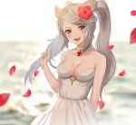  1girl animal_ears bangs bare_arms bare_shoulders blurry blurry_background blurry_foreground braid breasts brown_eyes character_request cleavage collarbone commentary_request depth_of_field dress eyebrows_visible_through_hair flower granblue_fantasy hair_flower hair_ornament hibiscus highres long_hair medium_breasts myusha petals red_flower silver_hair solo strapless strapless_dress summer swept_bangs twintails very_long_hair white_dress 