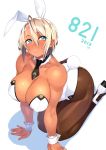  1girl 23_(real_xxiii) ahoge all_fours animal_ears bare_shoulders black_legwear black_neckwear blonde_hair blue_eyes blush breasts bunny_girl bunny_tail bunnysuit cleavage collarbone commentary_request covered_nipples dark-skinned_girl_(23) dark_skin dated detached_collar eyebrows_visible_through_hair eyes_visible_through_hair fake_animal_ears hair_between_eyes highres huge_breasts leotard looking_at_viewer muscle original pantyhose parted_lips rabbit_ears short_hair simple_background solo tail tan white_background white_leotard wrist_cuffs 