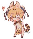  &gt;_o 1girl adapted_costume alternate_hairstyle animal_ears blonde_hair blush china_dress chinese_clothes commentary_request double_bun dress eyebrows_visible_through_hair fang hand_on_hip heart hn_(artist) kemono_friends multicolored_hair one_eye_closed puffy_short_sleeves puffy_sleeves serval_(kemono_friends) serval_ears serval_print serval_tail short_hair short_sleeves solo tail yellow_eyes 