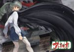  1girl anchovy anzio_school_uniform bangs belt black_belt black_cape black_ribbon black_skirt blurry blurry_background cape carro_armato_p40 clenched_hand covering_mouth depth_of_field dress_shirt drill_hair from_behind girls_und_panzer green_hair ground_vehicle hair_ribbon holding long_hair long_sleeves looking_at_viewer looking_back military military_vehicle miniskirt motion_blur motor_vehicle pantyhose pleated_skirt red_eyes ribbon riding_crop romaji satou_pikuta school_uniform shirt skirt solo standing tank twin_drills twintails white_legwear white_shirt wind 
