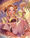  1girl abigail_williams_(fate/grand_order) ankle_scrunchie bangs bare_shoulders bikini bikini_skirt black_bow blonde_hair blue_eyes blush bow closed_mouth clouds collarbone double_bun emerald_float fate/grand_order fate_(series) food forehead fork frilled_bikini frills hair_bow hand_up innertube joenny lips long_hair looking_at_viewer orange_bow outdoors pancake parted_bangs polka_dot polka_dot_bow scrunchie sidelocks sitting soaking_feet solo swimsuit water wet wet_hair wrist_scrunchie 