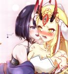  2girls bare_shoulders black_hair blonde_hair blush fate/grand_order fate_(series) highres ibaraki_douji_(fate/grand_order) looking_at_another mach_iota multiple_girls oni_horns open_mouth pixiv_fate/grand_order_contest_2 shuten_douji_(fate/grand_order) sweat yellow_eyes yuri 