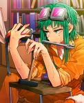  1girl alternate_costume bookshelf goggles goggles_on_head green_eyes green_hair gumi hammer haru_(oomr005) highres jumpsuit messy_hair overalls short_hair solo sweat vocaloid wrench 