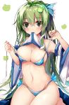  1girl antenna_hair bangs bare_shoulders bikini blue_bikini blue_ribbon blush breasts commentary_request detached_sleeves efe eyebrows_visible_through_hair frog_hair_ornament green_eyes green_hair groin hair_between_eyes hair_ornament hair_ribbon hands highres kochiya_sanae lifted_by_self long_hair long_sleeves looking_at_viewer medium_breasts mouth_hold navel ribbon seiza shirt shirt_lift side-tie_bikini simple_background sitting snake_hair_ornament solo stomach strap_pull sweat swimsuit thighs touhou very_long_hair white_background white_shirt wide_sleeves 