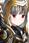  1girl armor black_armor closed_mouth crown feather_trim fire_emblem fire_emblem_heroes grey_hair highres long_hair red_eyes ringozaka_mariko shoulder_armor simple_background solo veronica_(fire_emblem) white_background 