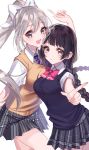  2girls :d :o arm_up bangs black_hair bow braid collared_shirt dress_shirt eyebrows_visible_through_hair grey_eyes grey_skirt hair_between_eyes hair_bow hair_ornament hairclip high_ponytail highres higuchi_kaede index_finger_raised long_hair low_twintails misumi_(macaroni) multiple_girls necktie nijisanji open_mouth parted_lips plaid plaid_neckwear plaid_skirt pleated_skirt ponytail purple_neckwear red_bow school_uniform shirt short_sleeves silver_hair simple_background skirt smile sweater_vest tsukino_mito twin_braids twintails very_long_hair violet_eyes virtual_youtuber white_background white_bow white_shirt 