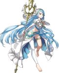  1girl aqua_(fire_emblem_if) barefoot blue_hair dress elbow_gloves fingerless_gloves fire_emblem fire_emblem_heroes fire_emblem_if gloves hair_between_eyes hairband highres jewelry kaya8 long_hair looking_at_viewer official_art polearm simple_background smile solo spear veil very_long_hair weapon yellow_eyes 