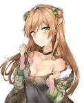  1girl absurdres ahoge bangs bare_shoulders black_dress blush bow breasts brown_hair choker cleavage coat collarbone double_bun dress dress_tug eyebrows_visible_through_hair fur-trimmed_coat fur_trim girls_frontline green_eyes hair_bow head_tilt highres long_hair looking_at_viewer medium_breasts no_bra off_shoulder open_clothes open_coat rfb_(girls_frontline) sidelocks simple_background smile solo sunhyun upper_body white_background 