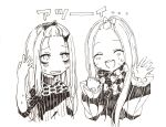  2girls :d ^_^ abigail_williams_(fate/grand_order) arm_up bangs bangs_pinned_back blush bow closed_eyes closed_eyes dress facing_viewer fate/grand_order fate_(series) forehead greyscale hair_bow hands_up head_tilt horns lavinia_whateley_(fate/grand_order) long_sleeves monochrome multiple_girls open_mouth parted_bangs parted_lips round_teeth simple_background sleeves_past_wrists smile sofra sweat teeth translation_request upper_teeth white_background 