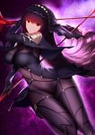  1girl absurdres bodysuit breasts cleavage covered_navel dual_wielding fate/grand_order fate_(series) gae_bolg higandgk highres holding holding_weapon large_breasts long_hair looking_at_viewer pauldrons polearm purple_background purple_bodysuit purple_hair red_eyes scathach_(fate)_(all) scathach_(fate/grand_order) shoulder_armor spear star thighs veil weapon 