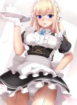  1girl apron ass_visible_through_thighs black_dress blonde_hair blue_eyes blurry bow breasts cowboy_shot crotch_seam cup depth_of_field dress eto frilled_apron frilled_dress frills garter_straps gloves hand_on_hip hand_up highres holding holding_tray looking_at_viewer maid maid_headdress open_mouth original panties pantyshot petals puffy_short_sleeves puffy_sleeves short_sleeves sidelocks solo sweatdrop tray underwear white_panties 