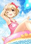  1girl ;d arm_up armpits bangs bare_arms bare_shoulders blonde_hair blue_sky blush bow bracelet brown_eyes casual_one-piece_swimsuit clouds cloudy_sky collarbone commentary_request day eyebrows_visible_through_hair fingernails hair_between_eyes hair_bow hairband highres idolmaster idolmaster_cinderella_girls innertube jewelry koga_koharu one-piece_swimsuit one_eye_closed open_mouth outdoors pink_innertube pink_swimsuit polka_dot polka_dot_bow polka_dot_hairband red_bow red_hairband regular_mow short_hair sky smile solo sparkle swimsuit water water_drop 
