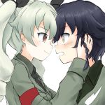 2girls absurdres anchovy anzio_military_uniform bangs black_hair black_neckwear black_ribbon black_shirt blush braid brown_eyes closed_mouth commentary_request dress_shirt drill_hair eyebrows_visible_through_hair from_side girls_und_panzer green_hair grey_jacket hair_ribbon hands_on_another&#039;s_face highres jacket light_frown light_smile long_hair long_sleeves looking_at_another military military_uniform multiple_girls necktie open_mouth partial_commentary pepperoni_(girls_und_panzer) red_eyes ribbon shirt short_hair side_braid simple_background twin_drills twintails uniform upper_body wabiushi white_background yuri 