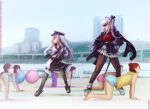  6+girls black_legwear blurry breasts brown_eyes brown_hair commentary depth_of_field essex_(zhan_jian_shao_nyu) gangnam_style gangut_(kantai_collection) grey_hair hands_on_hips hat height_difference highres kantai_collection large_breasts long_sleeves melisaongmiqin multiple_girls pantyhose parody peaked_cap psy pun small_breasts sunglasses two_side_up zhan_jian_shao_nyu 