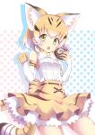  1girl :o absurdres animal_ears bangs bow bowtie breasts cat_ears cat_girl cat_tail commentary cowboy_shot elbow_gloves extra_ears eyebrows_visible_through_hair food gloves gradient_hair high-waist_skirt highres holding japari_bun japari_symbol kemono_friends mugi_(user_khzh5853) multicolored_hair multiple_ears open_mouth orange_hair paw_pose sand_cat_(kemono_friends) shirt short_hair silhouette skirt sleeveless sleeveless_shirt small_breasts solo tail white_hair white_shirt yellow_eyes 