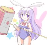  1girl animal_ears blush bunnysuit commentary_request covered_navel detached_collar erina_(rabi-ribi) eyebrows_visible_through_hair frr_(akf-hs) hammer highres long_hair looking_at_viewer purple_hair rabbit_ears rabi-ribi simple_background smile solo star twitter_username very_long_hair violet_eyes white_background wrist_cuffs 