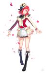  1girl :o artist_name bangs black_footwear black_legwear black_neckwear blurry boots bow bowtie commentary hat hat_bow highres jacket knee_boots kws long_sleeves looking_at_viewer love_live! love_live!_school_idol_project nishikino_maki outstretched_arms parted_lips petals pleated_skirt redhead short_hair signature simple_background skirt socks solo sore_wa_bokutachi_no_kiseki spread_arms standing standing_on_one_leg violet_eyes white_background white_hat white_jacket white_skirt 