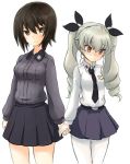  2girls absurdres anchovy anzio_school_uniform bangs belt black_neckwear black_ribbon black_skirt blush brown_eyes brown_hair closed_mouth commentary_request cowboy_shot dress_shirt drill_hair emblem eyebrows_visible_through_hair girls_und_panzer green_hair grey_shirt hair_ribbon hand_holding highres kuromorimine_school_uniform light_smile long_hair long_sleeves looking_at_viewer looking_away miniskirt multiple_girls necktie nishizumi_maho pantyhose partial_commentary pleated_skirt red_eyes ribbon school_uniform shirt short_hair simple_background skirt smile standing twin_drills twintails wabiushi white_background white_legwear white_shirt wing_collar yuri 