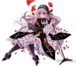  1girl bang_dream! black_dress black_legwear blurry blurry_background boots chino_machiko closed_mouth cosplay depth_of_field dress floating_hair flower frilled_dress frills grey_neckwear grey_ribbon high_heel_boots high_heels lavender_hair long_hair long_sleeves looking_at_viewer microphone minato_yukina neck_ribbon petals purple_flower purple_rose ribbon rose rose_petals rozen_maiden shoes sitting socks solo suigintou suigintou_(cosplay) wide_sleeves yellow_eyes 