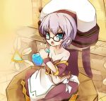  1girl alchemist bare_shoulders big_hat blue_eyes breasts cleavage collarbone elsword glasses grandma morumoru00 navel open_mouth potion purple_hair skirt 