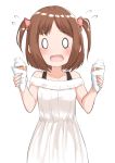  0_0 1girl blank_eyes blush bra_strap brown_hair commentary_request dress flying_sweatdrops highres ice_cream_cone looking_at_viewer open_mouth original simple_background solo standing tears two_side_up white_background white_dress yuki_arare 